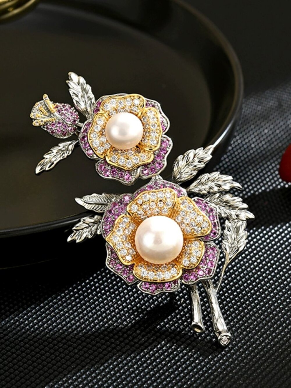 Natural Pearl Pink Crystal Double Blooming Rose Flower Brooch